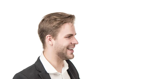 Профільний портрет красивого професійного чоловіка зі усміхненим обличчям у формальному одязі, адвокат — стокове фото