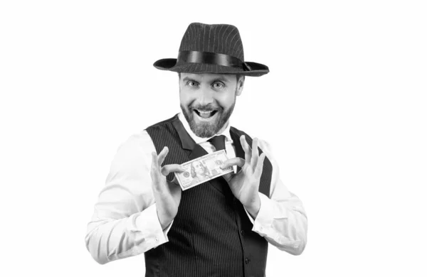 Heureux homme d'affaires en chapeau tenir cent dollars isolé sur fond blanc, argent — Photo