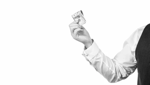 Sto dolarów gotówką w ręku człowieka odizolowany na białym tle, wypłaty — Zdjęcie stockowe