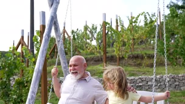 Šťastná rodina vnoučete a dědeček se smějí houpat spolu na dvorku, zábava — Stock video