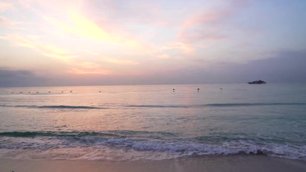 Fin strand på solnedgången himmel med fåglar nära vatten och yacht, sommar — Stockvideo