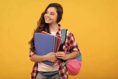 Mutlu okul çocuğu, kitaplarla ve bilgiyle çalışmaya hazır.