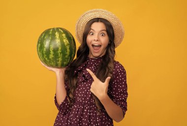 Şaşkın çocuk taze olgun su karpuzu meyvesini işaret ediyor yaz hasır şapkalı, sağlık