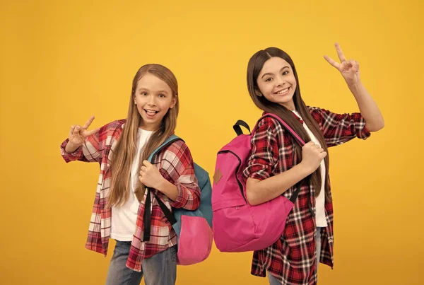 Feliz adolescente niñas en casual a cuadros camisa llevar mochila, educación —  Fotos de Stock