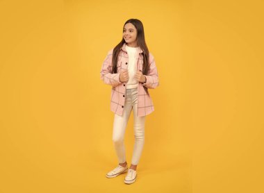 Havalı görünüyor. Son moda. Sonbahar modası. Pembe kareli gömlekli mutlu genç kız..