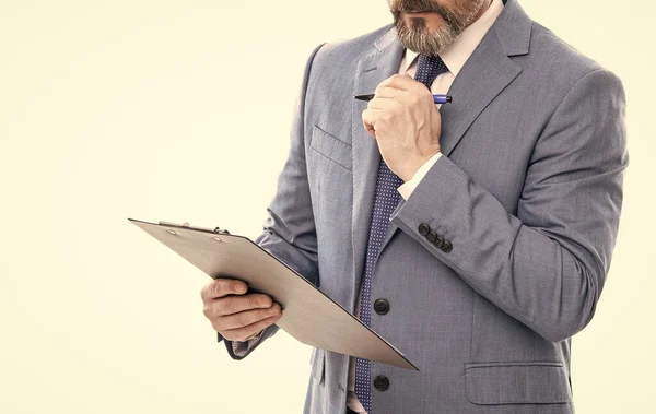 Cropped businessman signing contract on folder documents isolated on white, check contract. — Stock Photo, Image