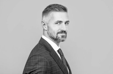 İş adamı kılığına girmiş olgun hırslı bir iş adamı saçları ağarmış, başarı portresi çizmiş.