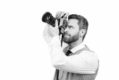 Fotoğrafçı, profesyonel kamerayla fotoğraf çekiyor. Beyaz, fotokopi alanı, fotoğrafçılık..