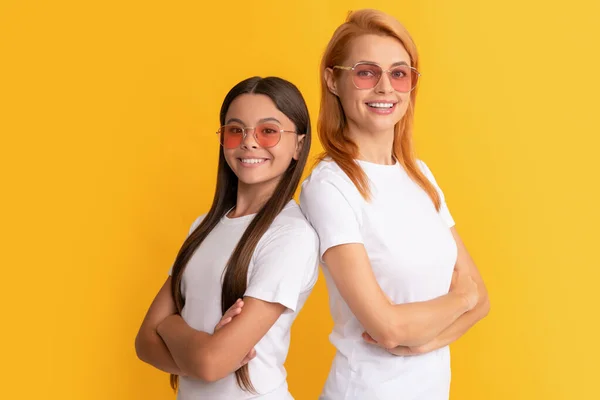 Happy confident family portrait of single mom and child girl in glasses, fashion accessory — 스톡 사진