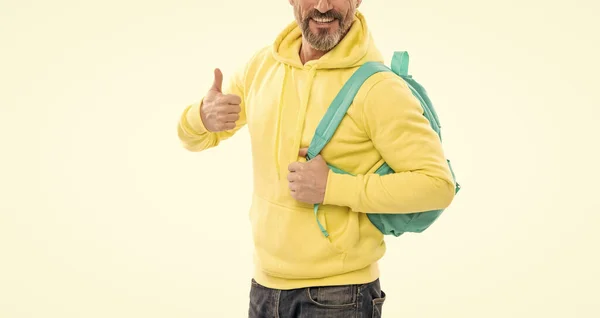 Cropped happy man carry backpack. smiling guy back to school isolated on white. — Foto de Stock