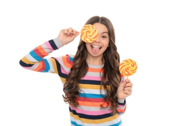 making faces. happy girl hold lollipop isolated on white. lollipop child.
