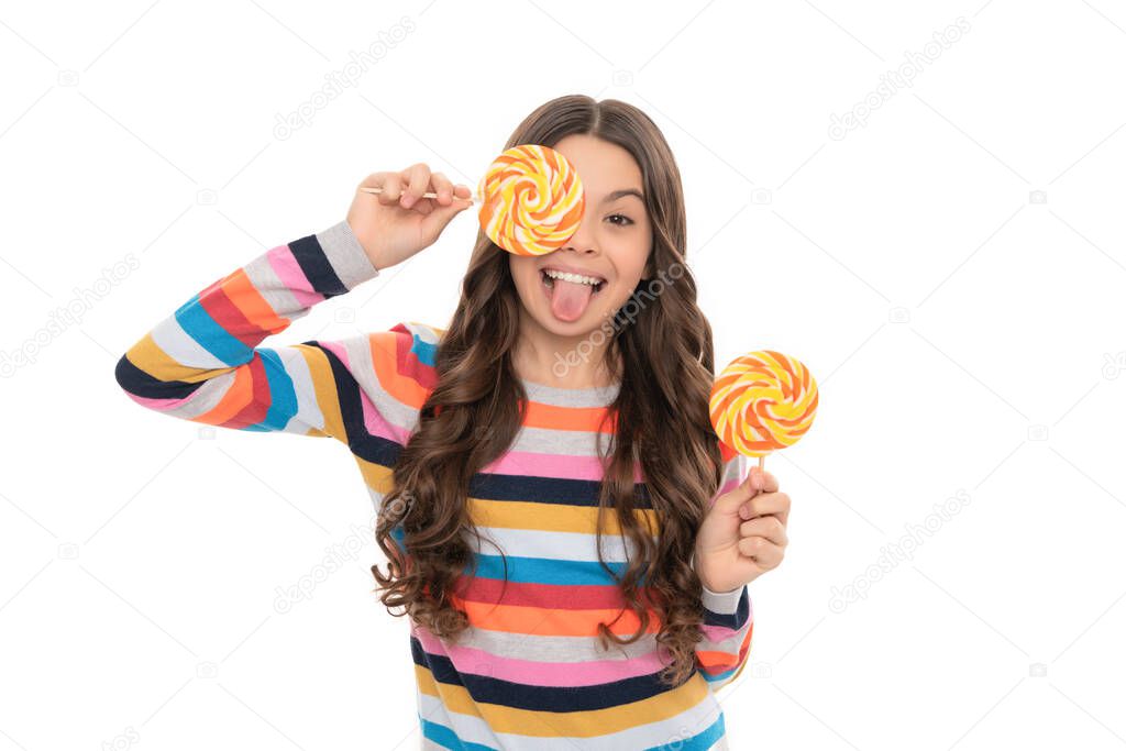 making faces. happy girl hold lollipop isolated on white. lollipop child.