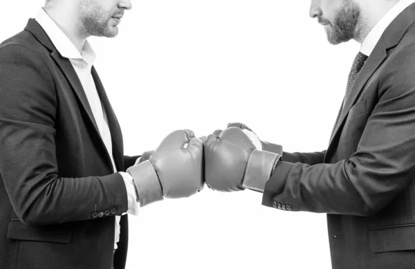 Contact. Fighting men cropped view. Businessmen fight with boxing gloves. Fighting conflict — Stock Photo, Image