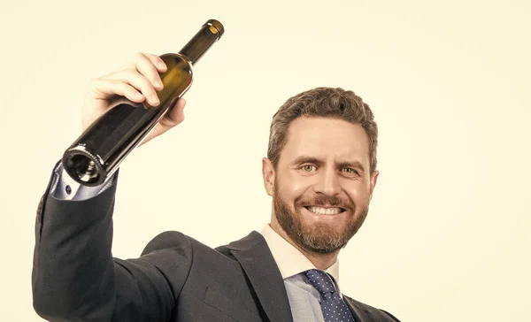 Happy businessman celebrate success with wine isolated on white, celebration — Stock Fotó
