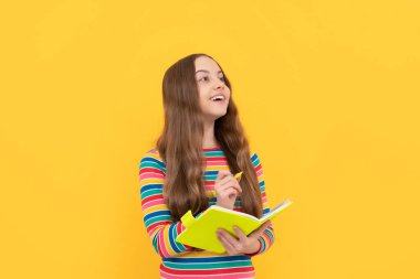 Bir varmış bir yokmuş. Mutlu çocuk hikaye yazar. Hikaye yazarı sarı arka plan. Yazma dersi