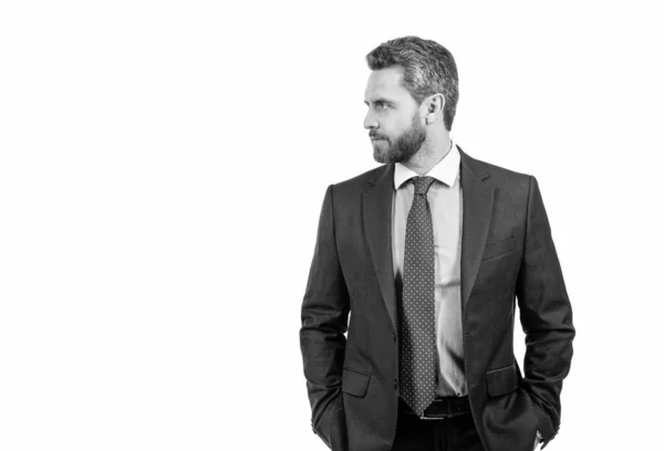Serious professional man in formal business suit look aside isolated on white copy space, manager — Stock Photo, Image
