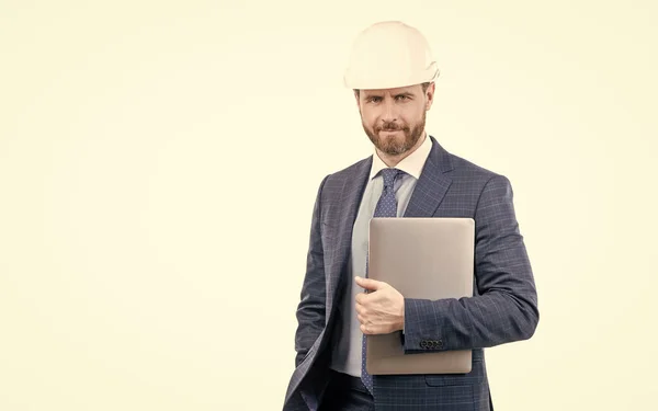 Lets start. safety business. data protection. internet security. businessman in helmet with laptop. — Stockfoto