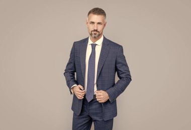 Olgun hırslı iş adamı takım elbiseli adam saçları kırlaşmış, işletme yöneticisi