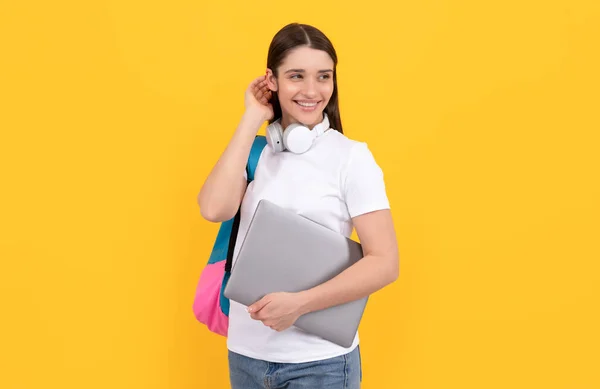 Woman with school bag hold laptop. buy online. back to school. influencer blogging. — Stockfoto