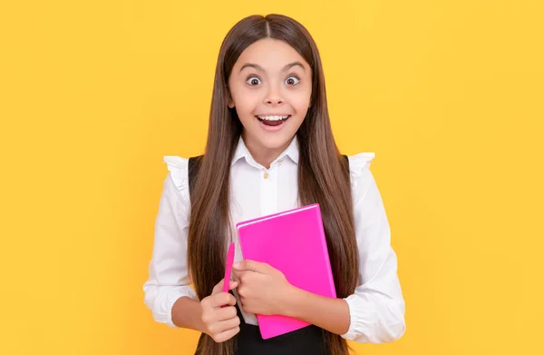For an advanced level study. Surprised girl hold book. School education. Ready to study — Stockfoto