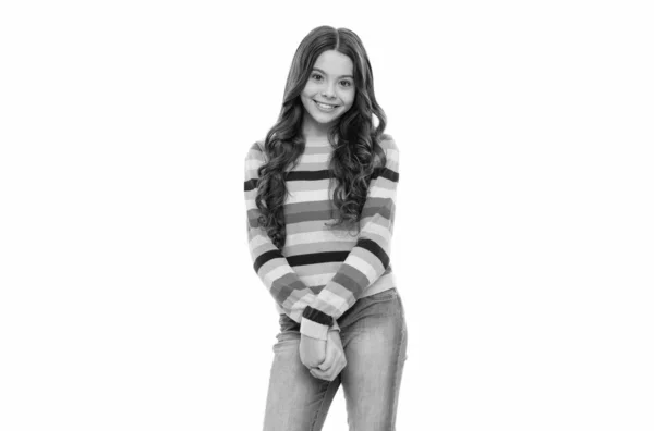 Happy teen girl smile in striped sweater isolated on white, teenage fashion — Zdjęcie stockowe