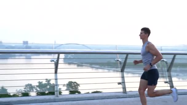 Athletic muscular man in sportswear running in the morning on glassy bridge, stamina — Stockvideo