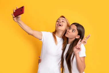 Selfie ailesi. Modern hayat. mobil teknoloji. Görüntülü arama yapıyorum. anne ve kız vlogging.