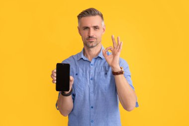 Reklam sunumu. kopyalama alanı. Telefon ekranı sunan adam.