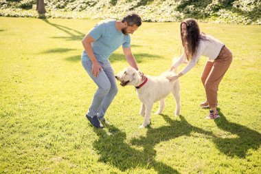 Yeşil park çimlerinde birbirine aşık genç bir çift. Dost canlısı bir aile eğleniyor.