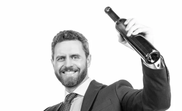 Felice uomo d'affari celebrare il successo con il vino isolato su bianco, celebrazione — Foto Stock