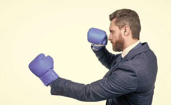 Hombre de negocios confiado en traje y guantes de boxeo punzonado aislado en blanco, boxeador — Foto de Stock