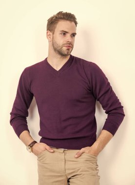 Trendy type. Handsome man keep hands in pants pockets. Casual wardrobe. Trendy menswear