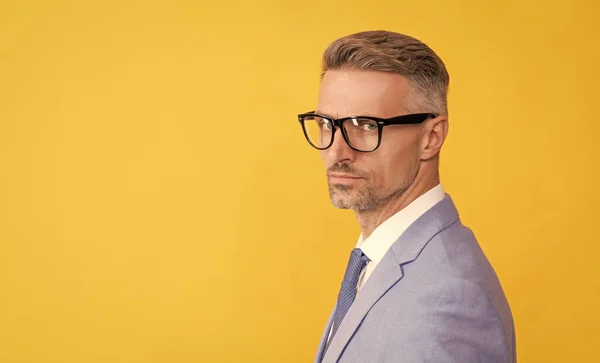 노란색 배경에우아 한 재킷 과 안경을 쓴 성숙 한 사업가, 복사 공간, 매니저 — 스톡 사진