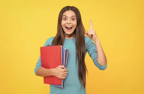 Teenager student inspired with idea. Concept of education. schoolgirl with copybook. — Stock Photo, Image
