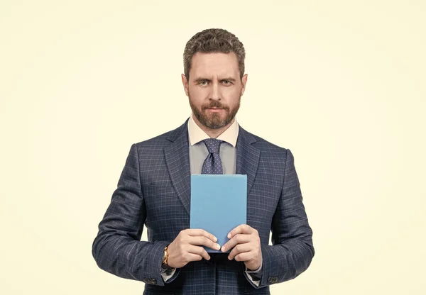 Agenda. businessman hold notebook. successful ceo with notepad. handsome man planning his work — Stock Photo, Image