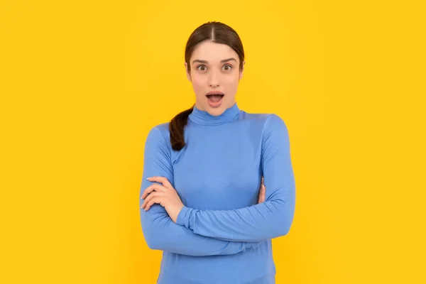 Pretty look of young girl. face portrait of lady on yellow background. express positive emotions — 스톡 사진