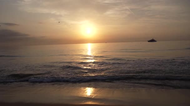 Hermosa Mañana Del Amanecer Con Aves Volando Cielo Barco Horizonte — Vídeo de stock