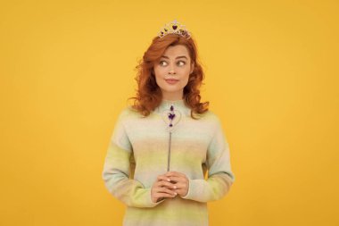 surprised redhead woman in queen crown with magic wand, magic. clipart