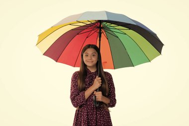 Parlak renkli şemsiye altında neşeli genç kız sonbahar mevsiminde beyazlar içinde izole, sonbahar.