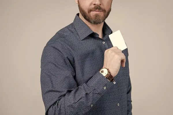 Marketing Communications Unshaven Man Cropped View Hold Empty Card Contact — Stock Photo, Image