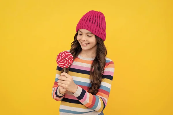 Vrolijk Tiener Meisje Met Lolly Snoep Lekker — Stockfoto