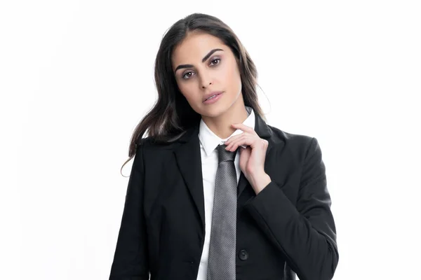 Geschäftsfrau Anzug Und Krawatte Selbstbewusste Unternehmerin Geschäftsfrau Korrekte Krawatte Vorbereitung — Stockfoto
