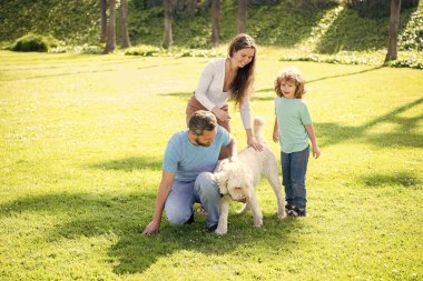 Anne, baba ve oğulun mutlu bir ailesi var. Yaz parkında evcil köpekle oynuyorlar. Yeşil çimenler, aile..
