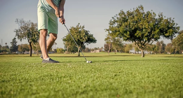 cropped man playing golf game on green grass, golf.