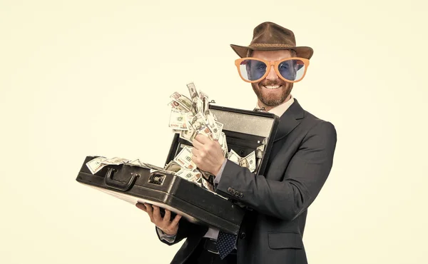 Wygrałeś Szczęśliwy Człowiek Trzyma Walizkę Pieniędzmi Zwycięzca Puli Nagroda Loteryjna — Zdjęcie stockowe
