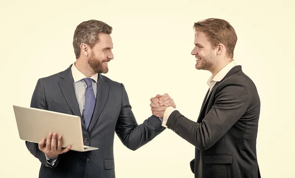 Homens Negócios Com Laptop Reunião Chefe Empregado Sócios Após Negócio — Fotografia de Stock