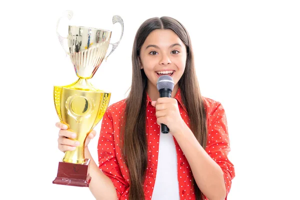 Chica Con Discurso Micrófono Copa Ganadora Adolescente Sosteniendo Trofeo Niño —  Fotos de Stock