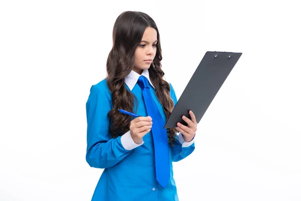 Serious Teenager Girl Wearing Office Uniform Holding Clipboard White Isolated — Stockfoto