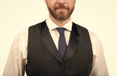 cropped guy with moustache wear tie. male fashion. mens beauty. grizzled man portrait. mature elegant man with beard. hair and beard care. formal businessman isolated on white.