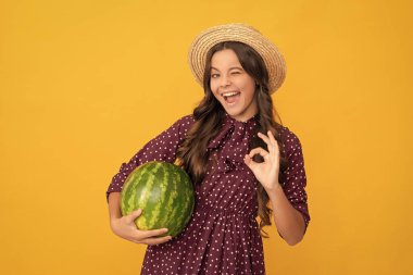 Çocuklar için sağlıklı yiyecekler. Yaz tatilinde früktoz sağlıklı beslenme. Genç kız eğleniyor. Yaz zamanı. Tamam. Mutlu çocuk kavunu tut. Yaz hasır şapkalı karpuz. Meyveli çocuk.